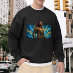 On-location model photograph displaying a long-haired warrior in golden armor surrounded by swirling waves on the front of a men's crewneck sweatshirt