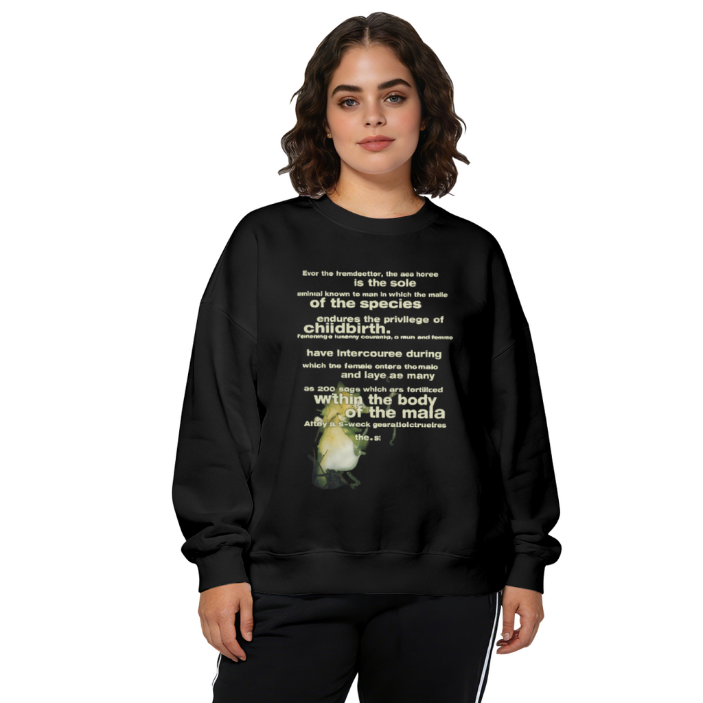Crewneck sweatshirt product image with seahorse illustration and vintage-style lettering