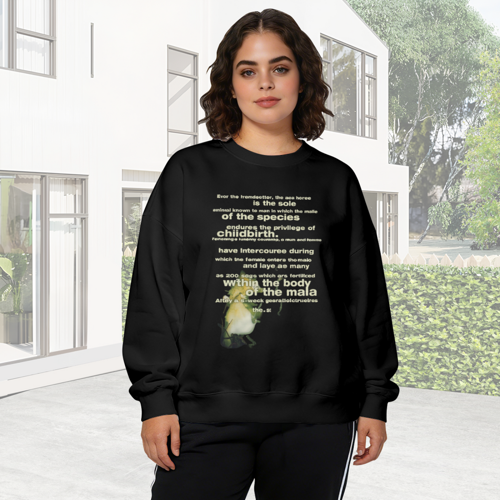 Crewneck sweatshirt product image with seahorse illustration and vintage-style lettering