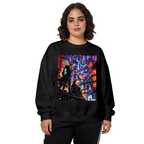 Women's crewneck sweatshirt seen on a model, its front graphic depicting two figures on a rooftop overlooking a glowing futuristic city