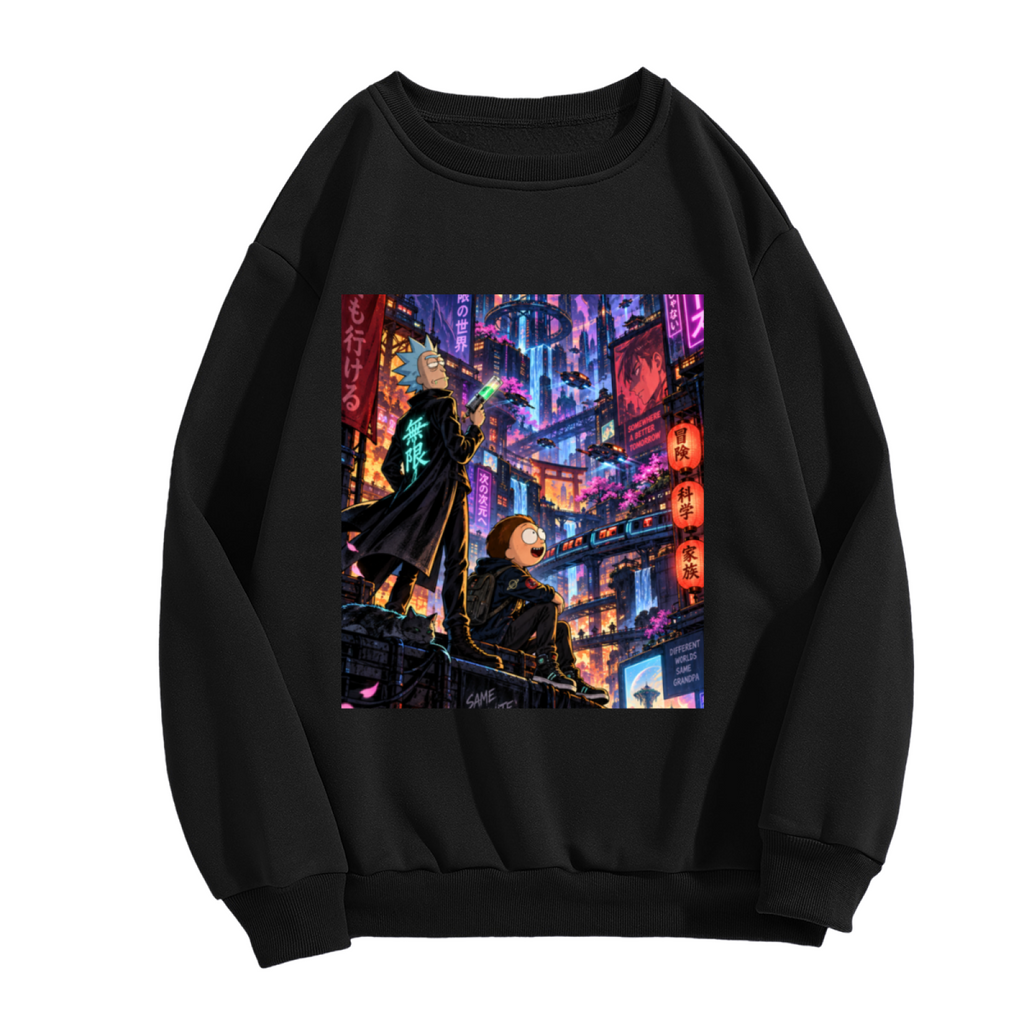 Front garment photograph: women's crewneck sweatshirt decorated with two figures on a rooftop overlooking a glowing futuristic city