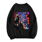 Front garment photograph: women's crewneck sweatshirt decorated with two figures on a rooftop overlooking a glowing futuristic city