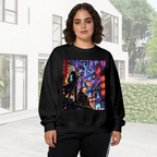 Two figures on a rooftop overlooking a glowing futuristic city visible on a women's crewneck sweatshirt in an outdoor front model view