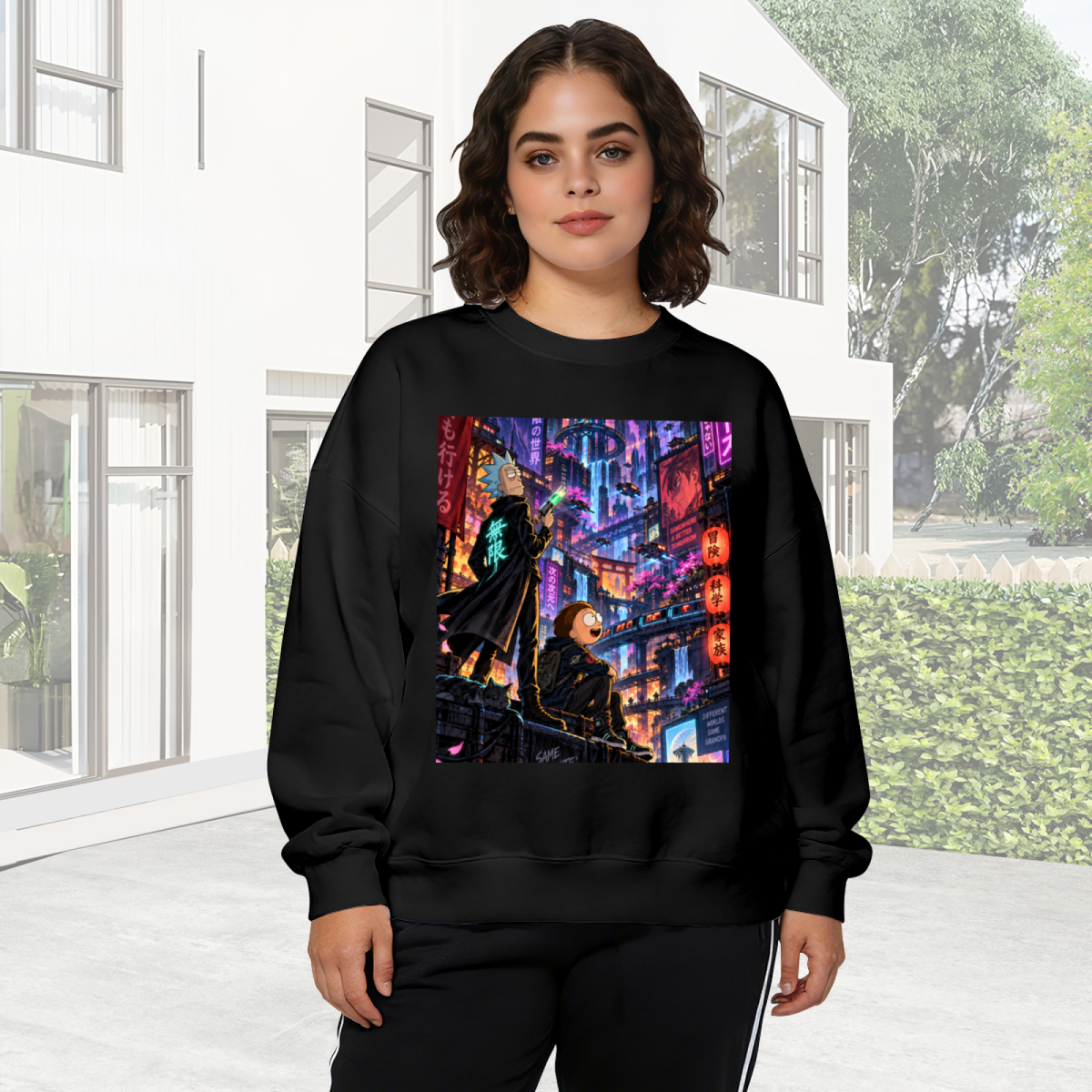 Two figures on a rooftop overlooking a glowing futuristic city visible on a women's crewneck sweatshirt in an outdoor front model view