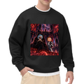Two figures inside a crimson-lit technological chamber printed on a men's crewneck sweatshirt, shown in a front model photo