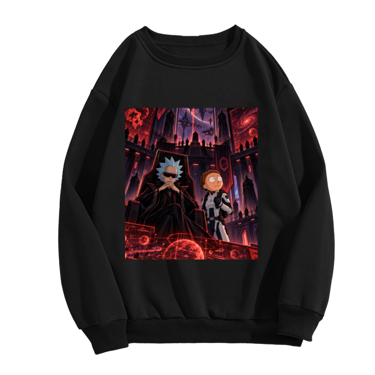Unworn men's crewneck sweatshirt, front view of the design depicting two figures inside a crimson-lit technological chamber