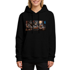 Studio photograph of a model in a women's hoodie showing a mechanical cat and animal figures in a wide chase scene