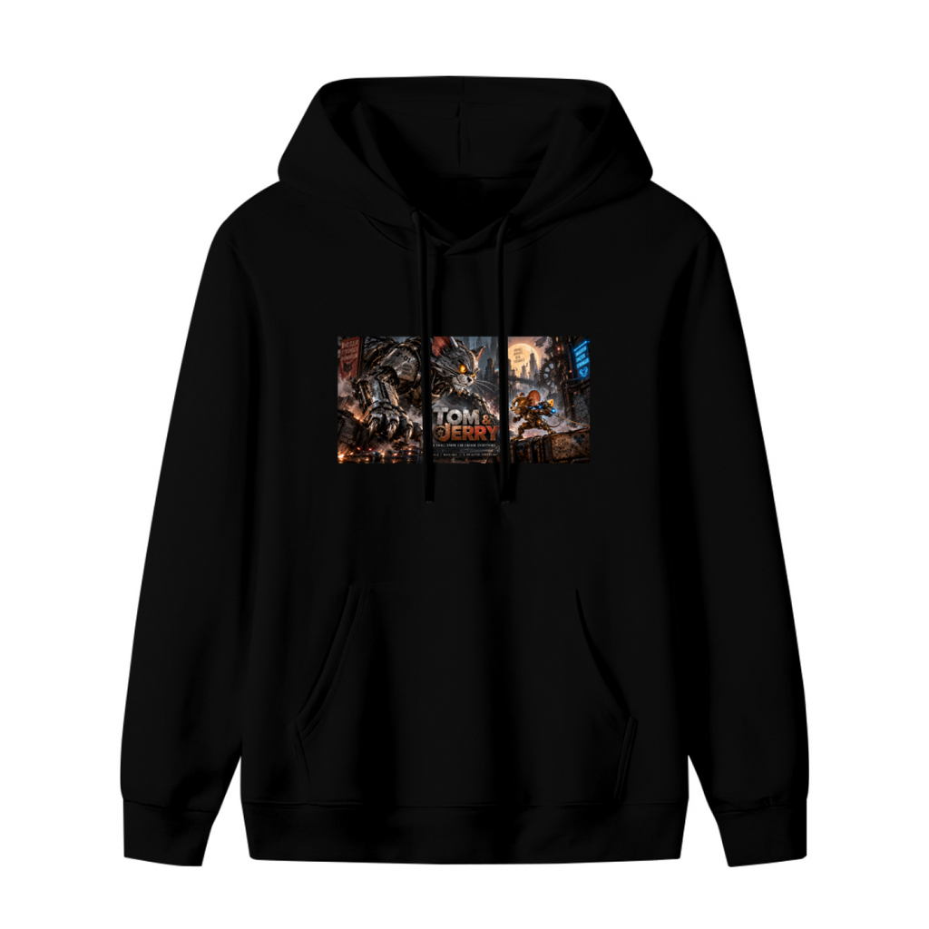 Standalone women's hoodie front displaying a graphic of a mechanical cat and animal figures in a wide chase scene