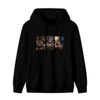 Standalone women's hoodie front displaying a graphic of a mechanical cat and animal figures in a wide chase scene