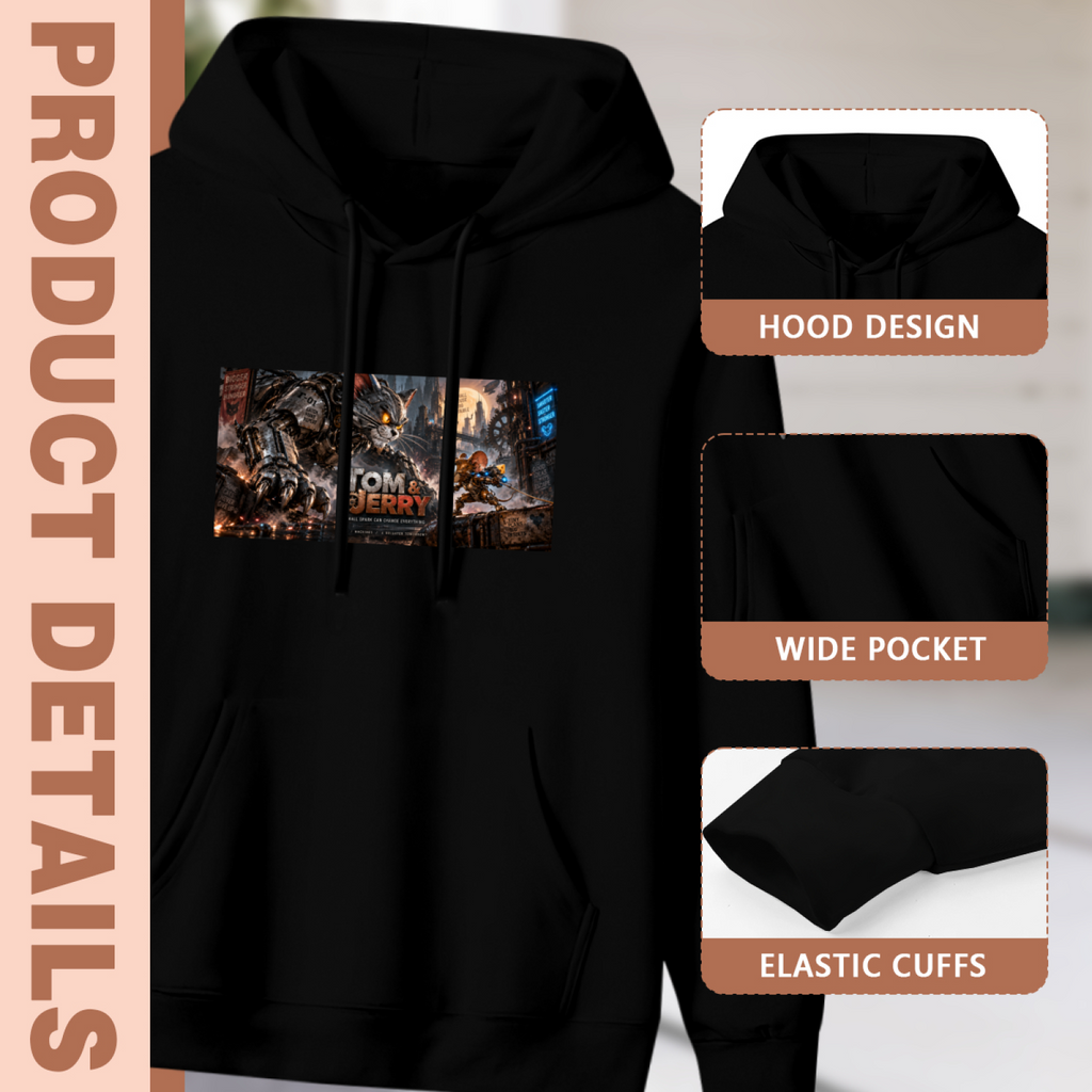 Construction-detail card for the women's Cat Chase in a Machine World hoodie, including the hood, front pouch and cuff edges