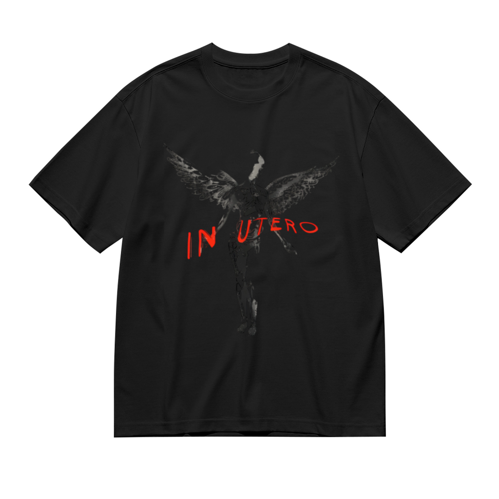 Graphic T-shirt product image with in utero dark angel red lettering artwork