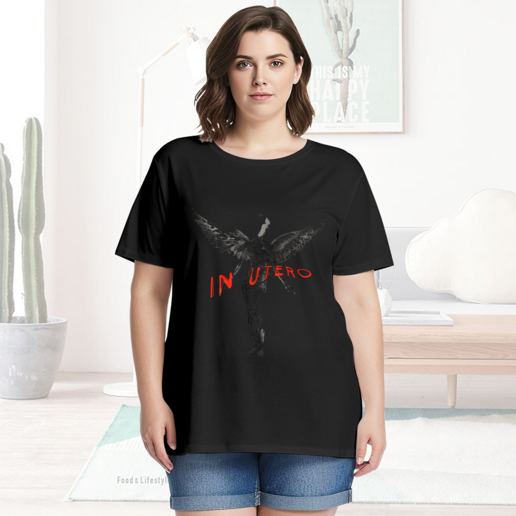 Graphic T-shirt product image with in utero dark angel red lettering artwork