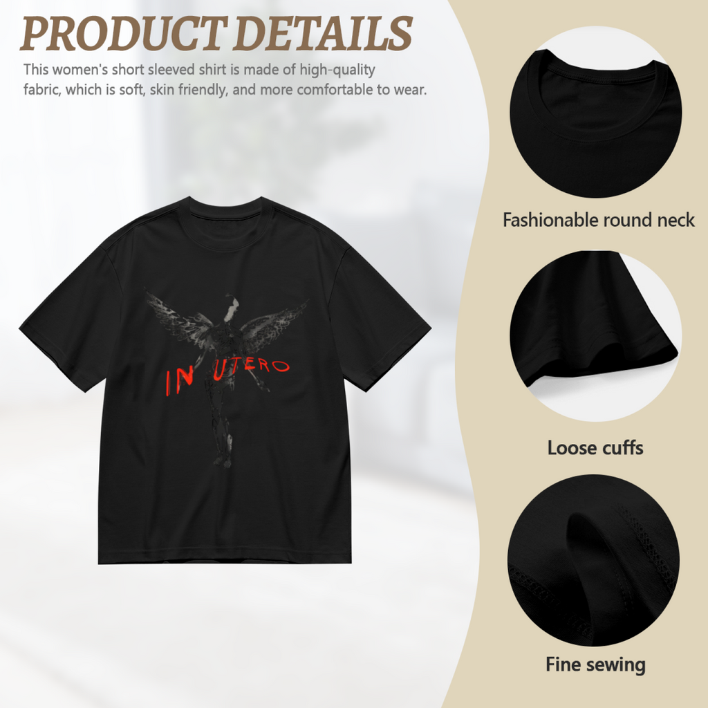 Graphic T-shirt product image with in utero dark angel red lettering artwork