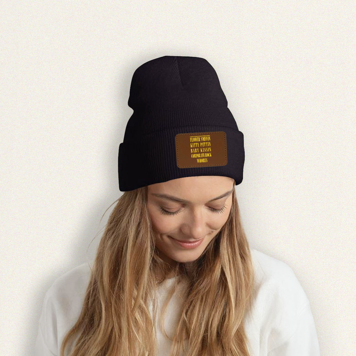Nirvana Smiley Face Graphic Knit Beanie – Nirvana-themed rectangular patch beanie product image, White option