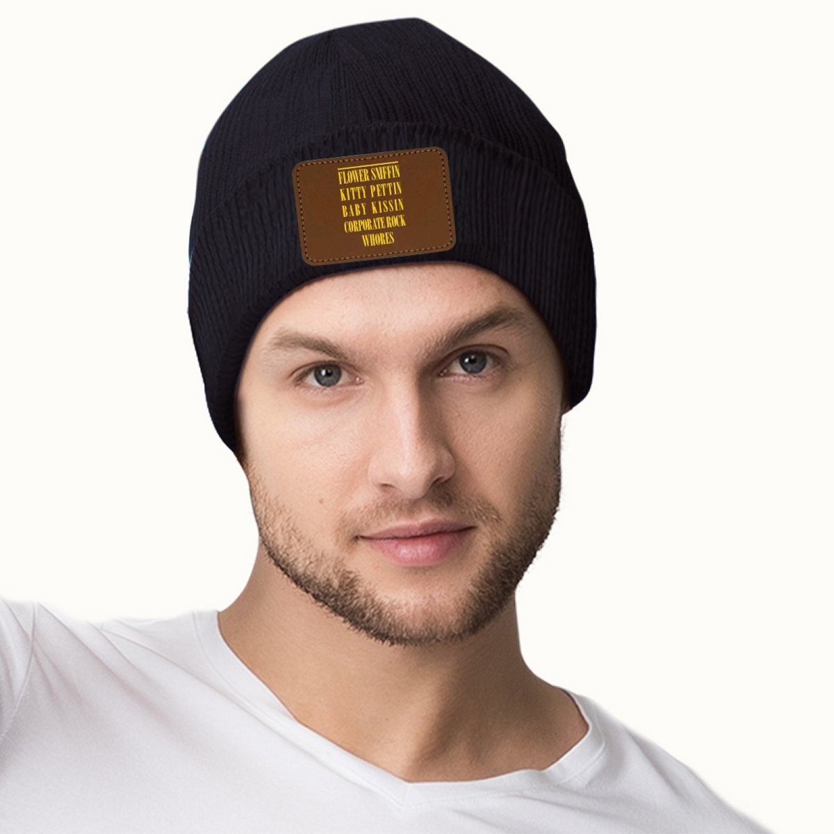 Nirvana Smiley Face Graphic Knit Beanie – Nirvana-themed rectangular patch beanie product image, Pink option