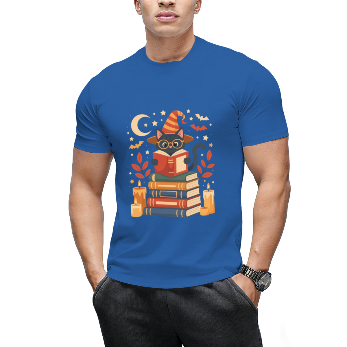 Witch Cat Reading Books with Moon and Stars Graphic T-Shirt
