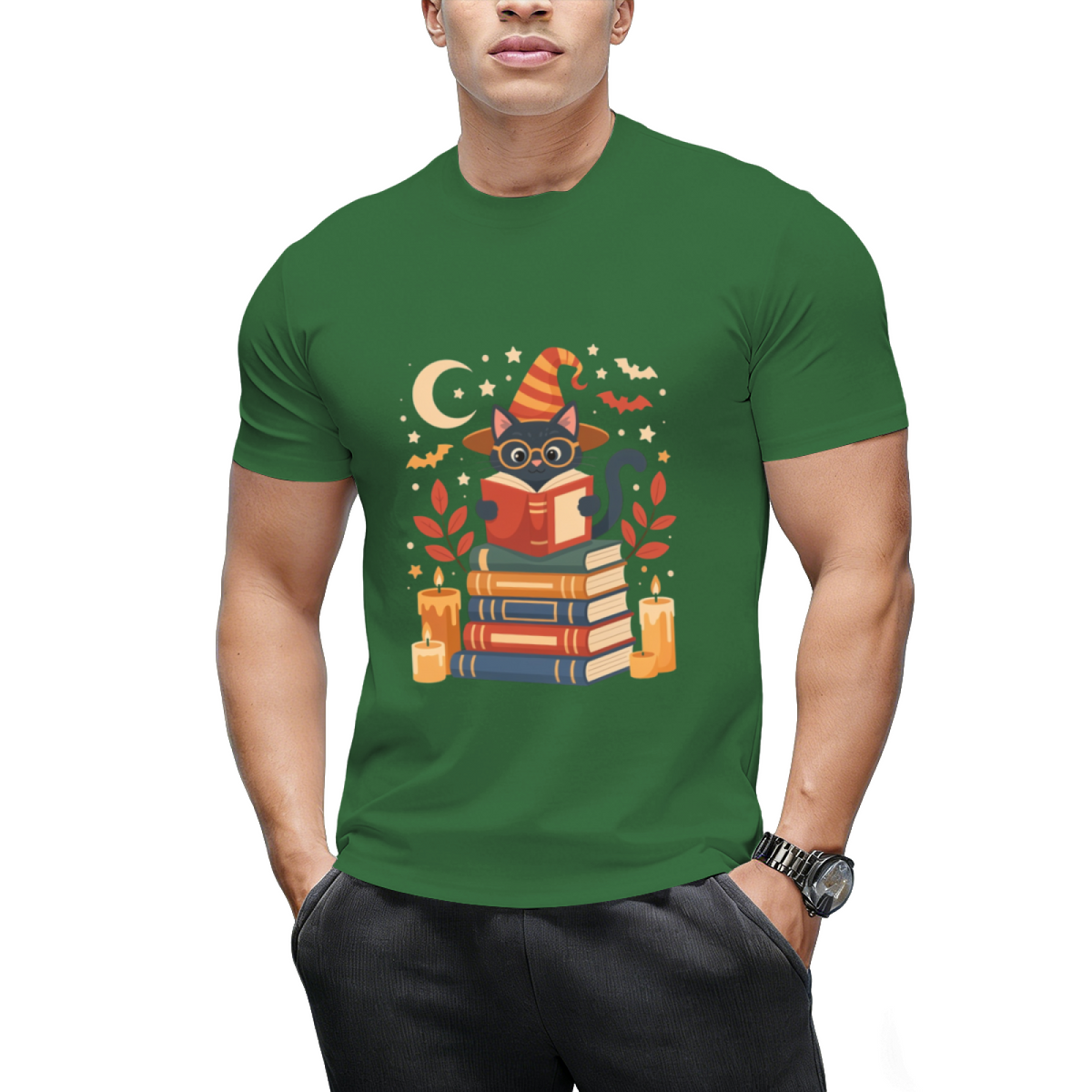 Witch Cat Reading Books with Moon and Stars Graphic T-Shirt