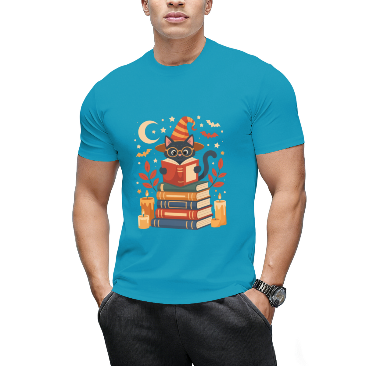 Witch Cat Reading Books with Moon and Stars Graphic T-Shirt