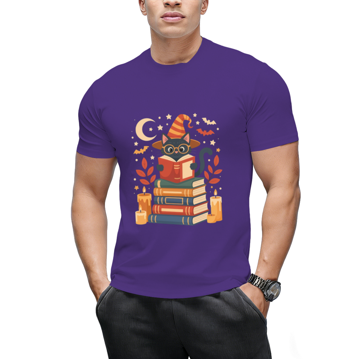 Witch Cat Reading Books with Moon and Stars Graphic T-Shirt