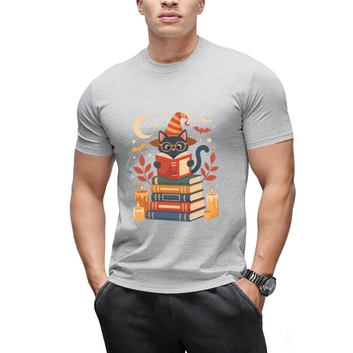 Witch Cat Reading Books with Moon and Stars Graphic T-Shirt