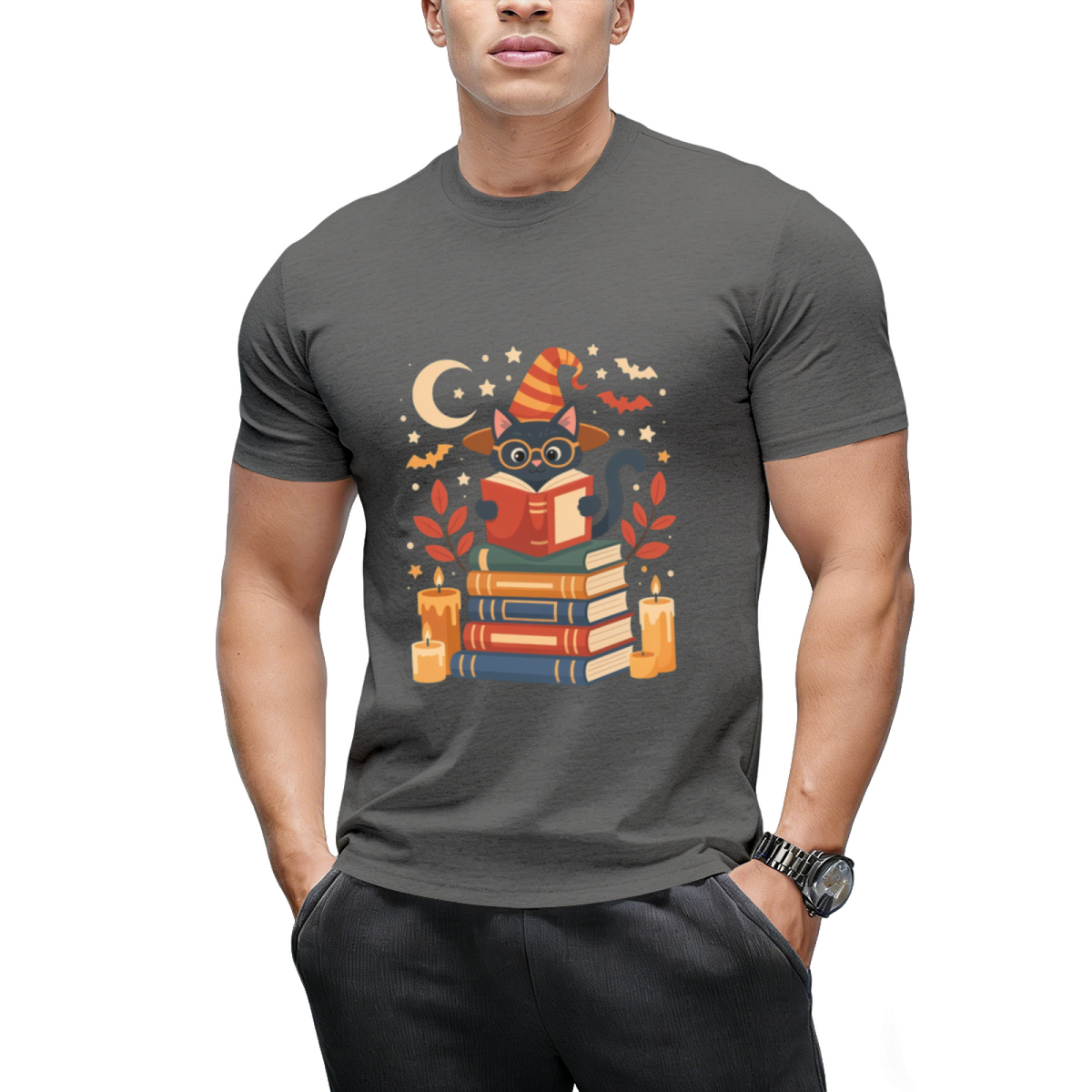 Witch Cat Reading Books with Moon and Stars Graphic T-Shirt