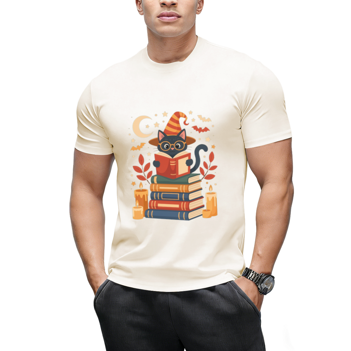 Witch Cat Reading Books with Moon and Stars Graphic T-Shirt