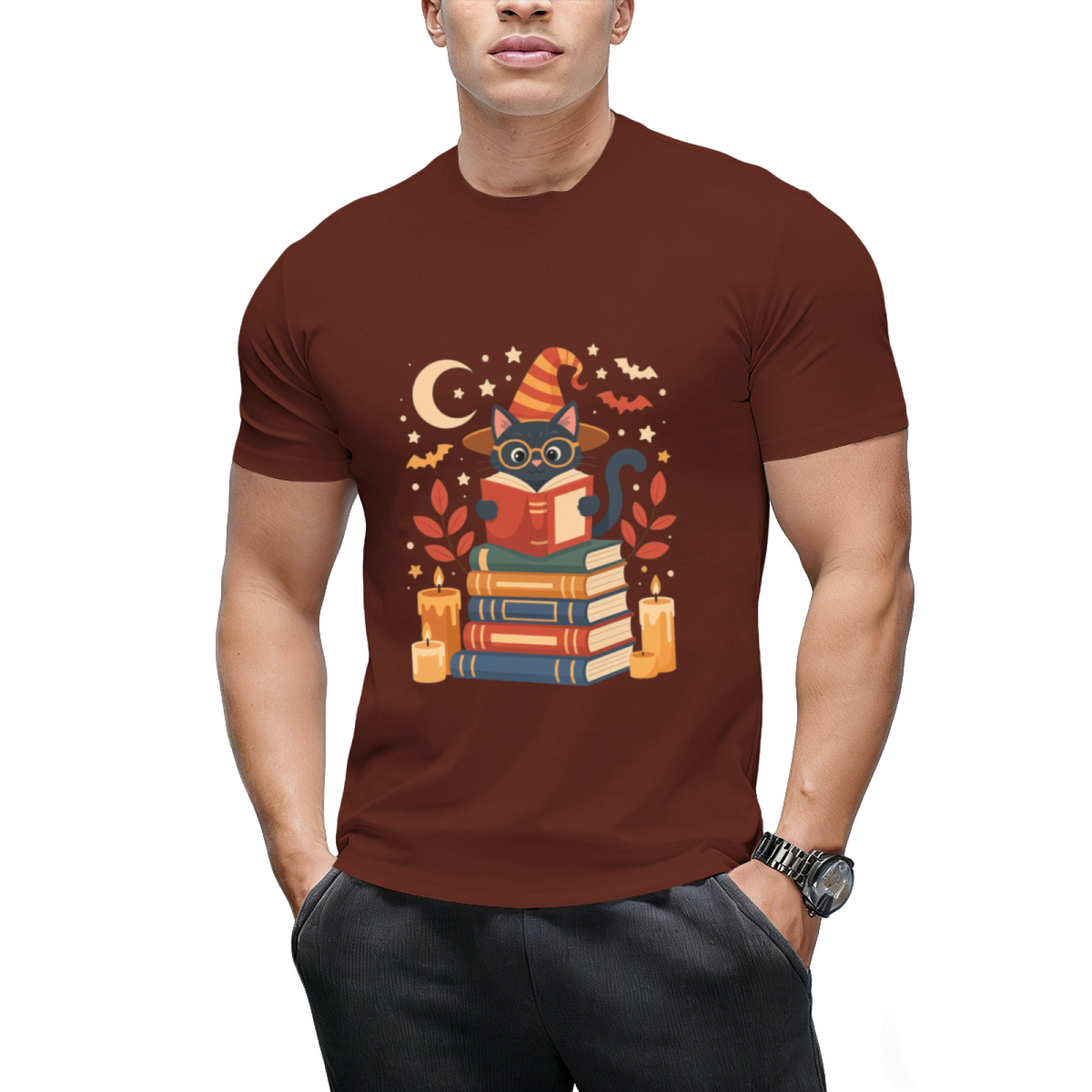 Witch Cat Reading Books with Moon and Stars Graphic T-Shirt
