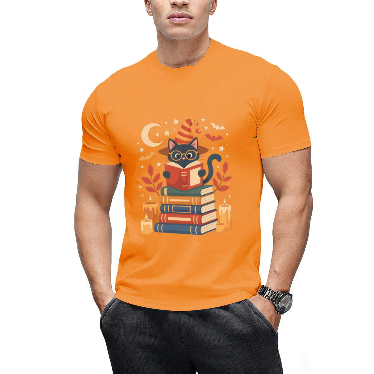 Witch Cat Reading Books with Moon and Stars Graphic T-Shirt