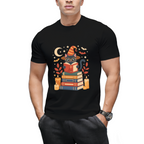 Witch Cat Reading Books with Moon and Stars Graphic T-Shirt