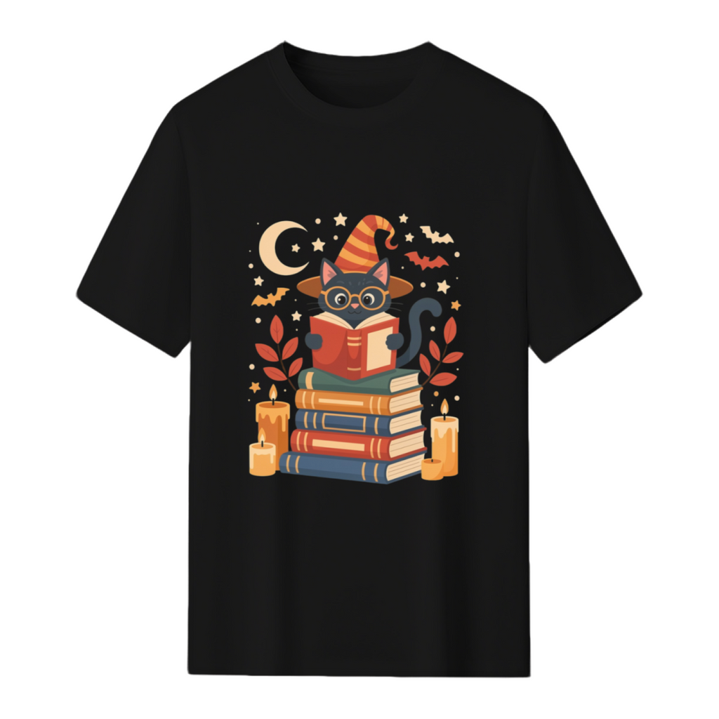Witch Cat Reading Books with Moon and Stars Graphic T-Shirt
