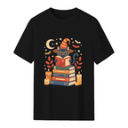 Witch Cat Reading Books with Moon and Stars Graphic T-Shirt