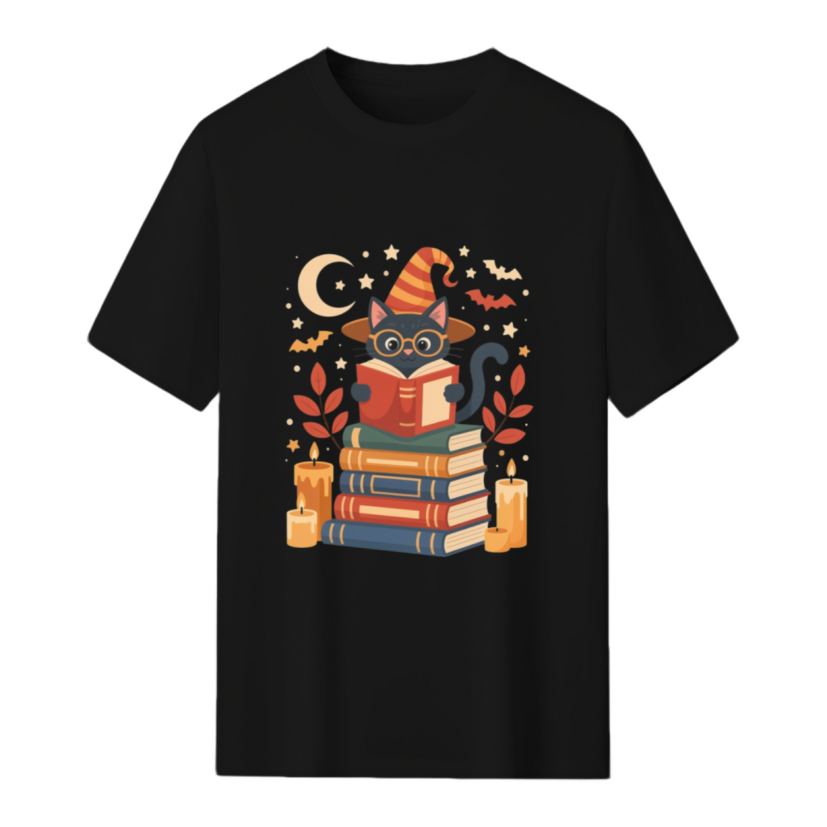 Witch Cat Reading Books with Moon and Stars Graphic T-Shirt
