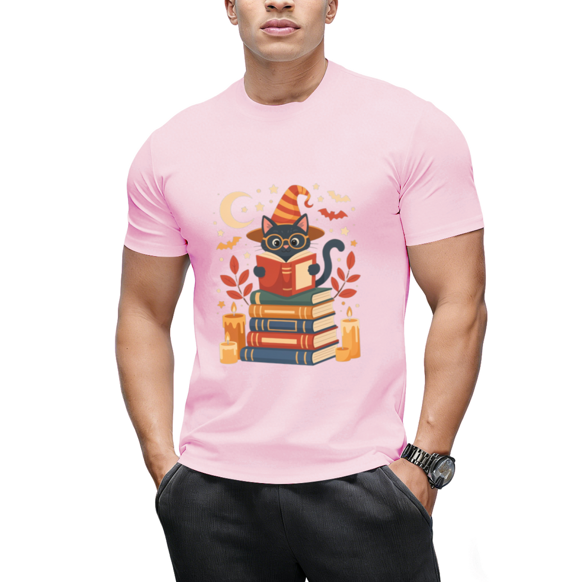 Witch Cat Reading Books with Moon and Stars Graphic T-Shirt