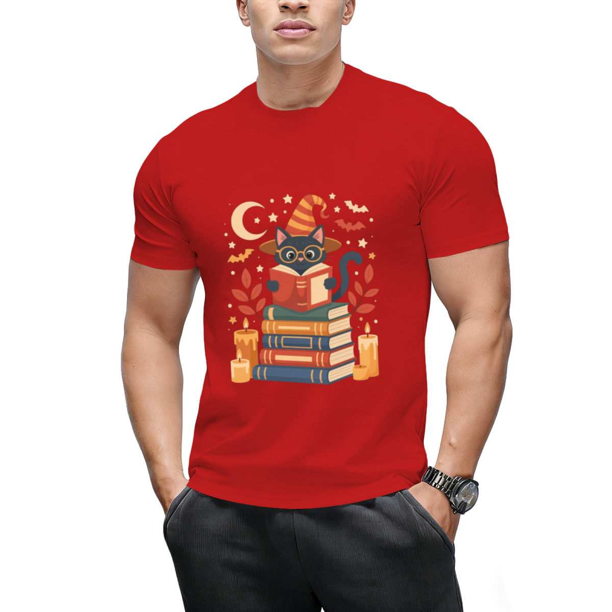 Witch Cat Reading Books with Moon and Stars Graphic T-Shirt