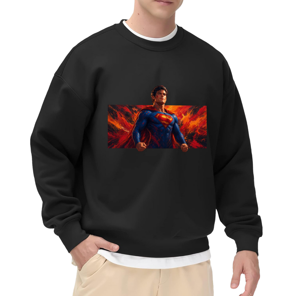 Men's crewneck sweatshirt seen on a model, its front graphic depicting a caped figure in a wide portrait framed by flame-like color