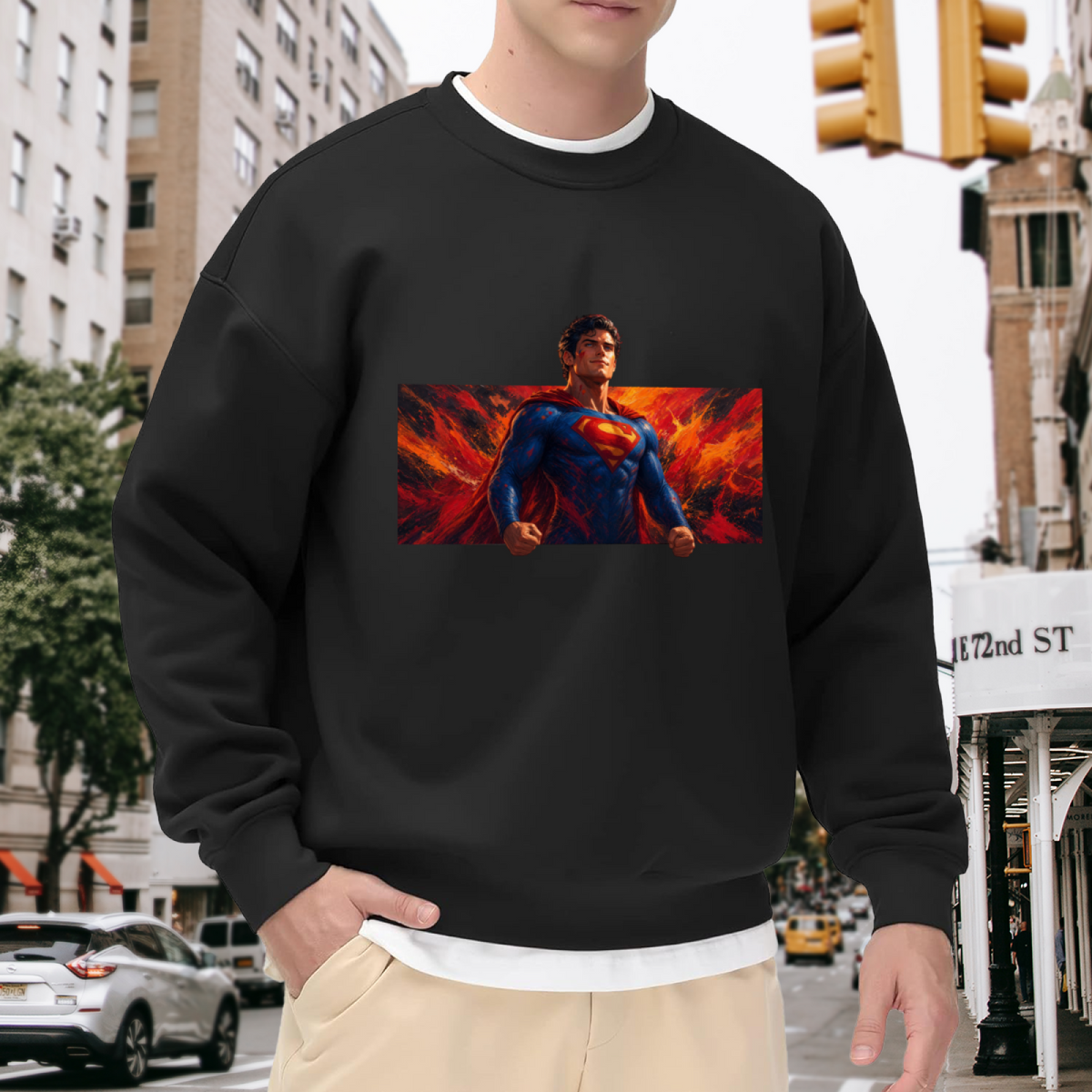 A caped figure in a wide portrait framed by flame-like color visible on a men's crewneck sweatshirt in an outdoor front model view