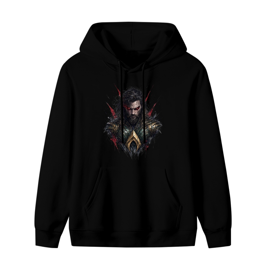 Standalone men's hoodie front displaying a graphic of a centered bearded warrior portrait with red eyes and rough dark edges