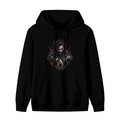 Standalone men's hoodie front displaying a graphic of a centered bearded warrior portrait with red eyes and rough dark edges