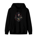 Standalone men's hoodie front displaying a graphic of a centered bearded warrior portrait with red eyes and rough dark edges
