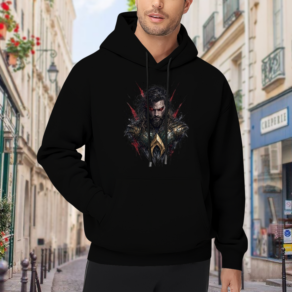 Men's hoodie worn outside, with the camera facing the graphic of a centered bearded warrior portrait with red eyes and rough dark edges