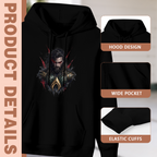 Construction-detail card for the men's Bearded Face with Red Eyes hoodie, including the hood, front pouch and cuff edges