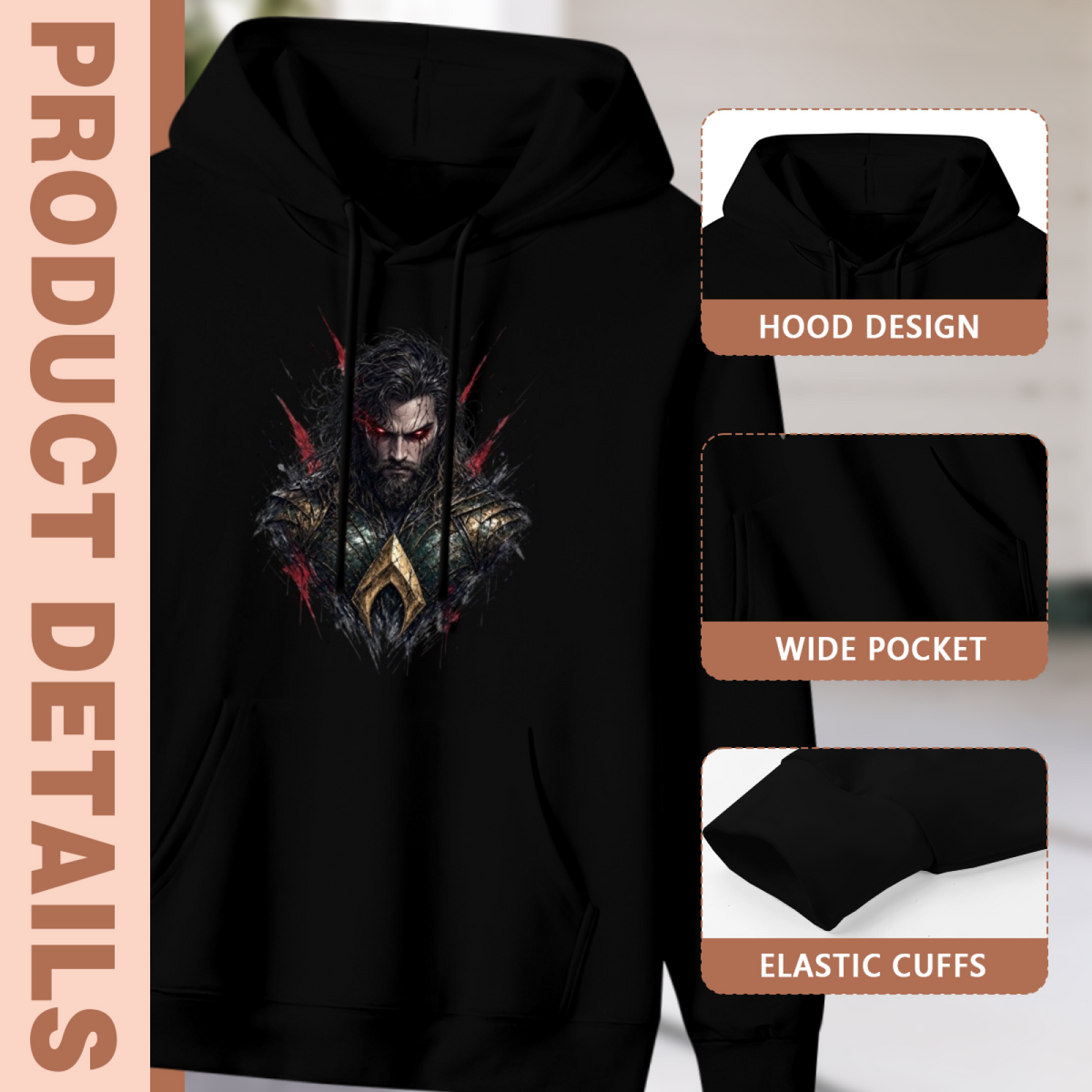 Construction-detail card for the men's Bearded Face with Red Eyes hoodie, including the hood, front pouch and cuff edges