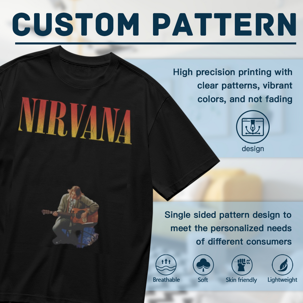 Nirvana Kurt Cobain Acoustic Guitar Graphic T-Shirt — product design preview of the artwork; kurt Cobain is shown with an acoustic guitar in a performance photograph