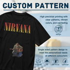Nirvana Kurt Cobain Acoustic Guitar Graphic T-Shirt — product design preview of the artwork; kurt Cobain is shown with an acoustic guitar in a performance photograph