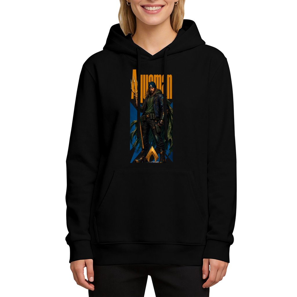 Studio photograph of a model in a women's hoodie showing a hooded figure gripping a trident in a tall street-style composition