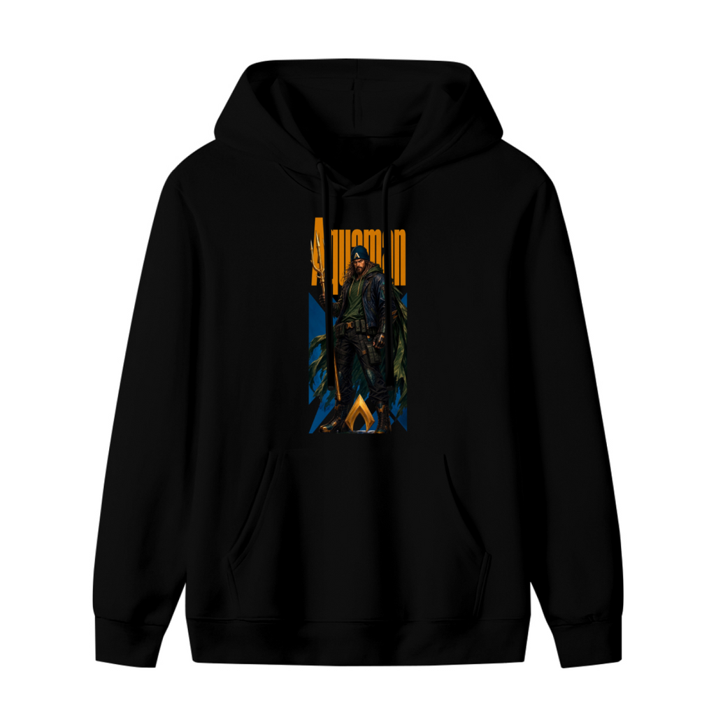 Standalone women's hoodie front displaying a graphic of a hooded figure gripping a trident in a tall street-style composition