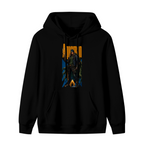 Standalone women's hoodie front displaying a graphic of a hooded figure gripping a trident in a tall street-style composition