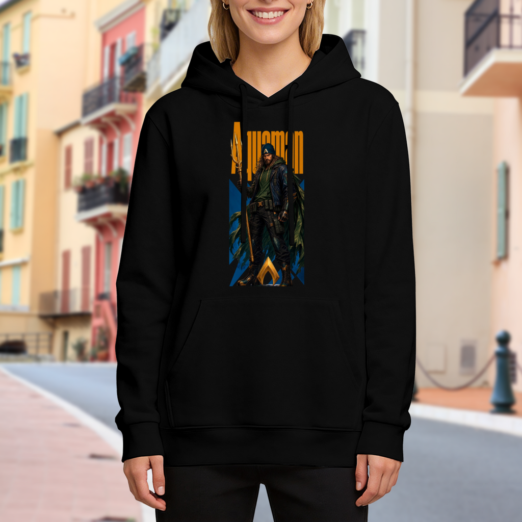 Women's hoodie worn outside, with the camera facing the graphic of a hooded figure gripping a trident in a tall street-style composition