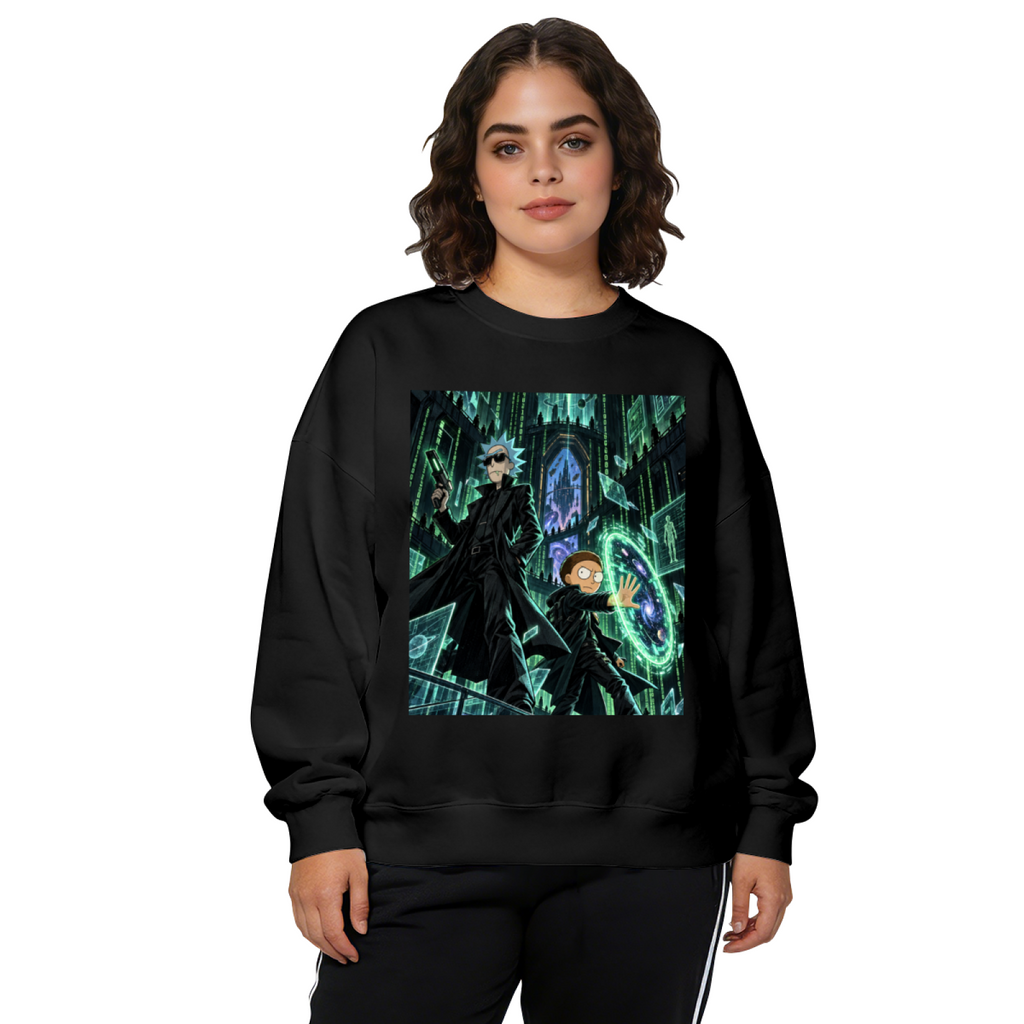 A circular green portal inside a towering Gothic hall printed on a women's crewneck sweatshirt, shown in a front model photo