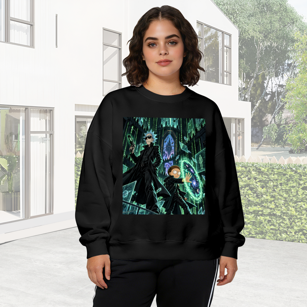 On-location model photograph displaying a circular green portal inside a towering Gothic hall on the front of a women's crewneck sweatshirt